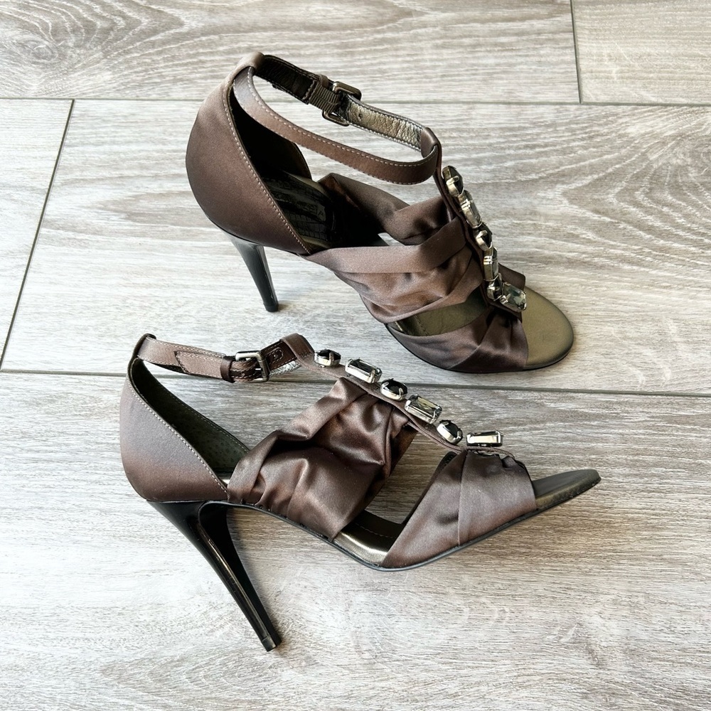 BCBGMAXAZRIA Brown Satin Jeweled Upper Strappy Sandals